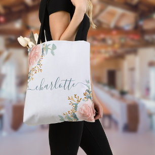 Tote Bag Or rose gold floraux eucalyptus monogramme demoise