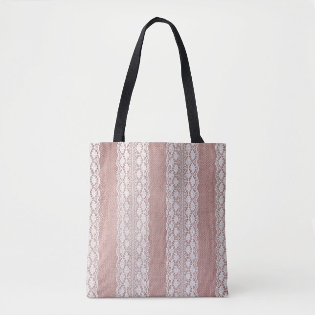 Tote Bag Or rose métallique, texture dentelle blanc cassé. (Devant)
