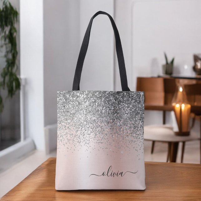 Tote Bag Or rose - Paillettes Rose Blush Argent Monogramme (Créateur téléchargé)