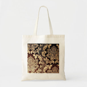 Tote Bag or victorien affligé chocolat brun damassé