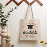 Tote Bag Orange Black Graduate Personalized 2023 Graduation<br><div class="desc">These modern orange and black custom senior graduate tote bag features your high school or college name for the class of 2023. Customize with your graduating year under the chic handwritten script and black grad cap for a great personalized graduation party favor gift.</div>