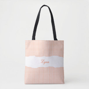 Tote Bag Orange & Blanc Gingham Classique   Nom Personnalis
