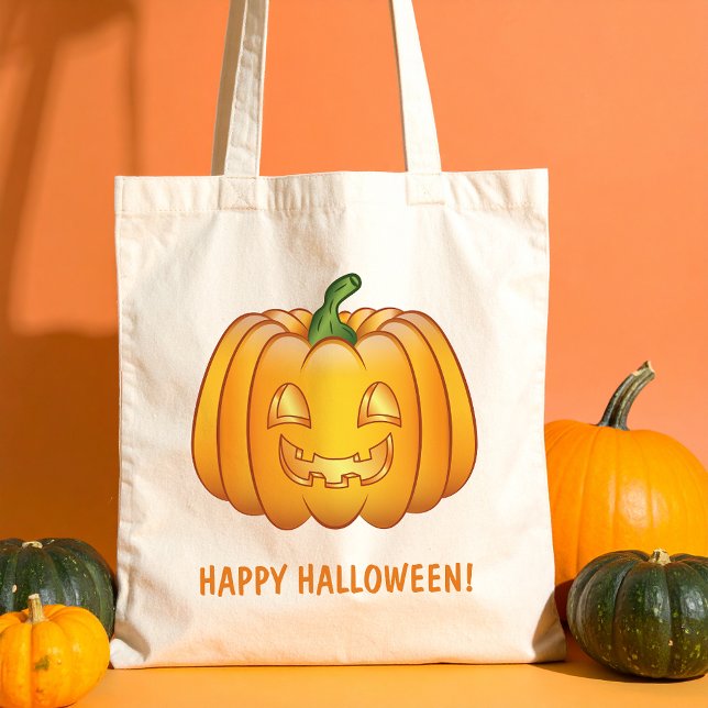 Tote Bag Orange Cartoon Citrouille Et Happy Halloween Texte (Disclaimer: This image is a digital mockup.)