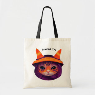 Tote Bag Orange Chat Violet Sorcière Casquette Imaginaire H
