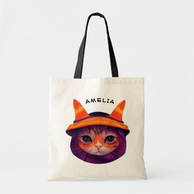 Tote Bag Orange Chat Violet Sorcière Casquette Imaginaire H (Devant)