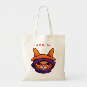 Tote Bag Orange Chat Violet Sorcière Casquette Imaginaire H