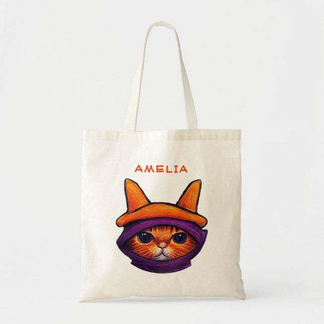 Tote Bag Orange Chat Violet Sorcière Casquette Imaginaire H (Devant)
