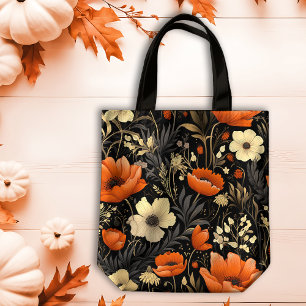 Tote Bag Orange d'automne et fleurs en gras de crème