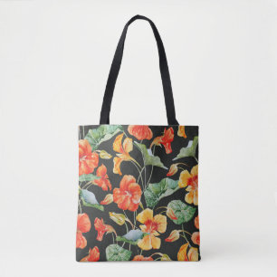 Tote Bag Orange de Nasturtium : Aquarelle Motif foncé.