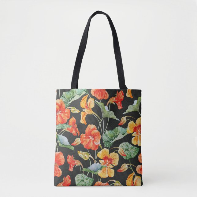 Tote Bag Orange de Nasturtium : Aquarelle Motif foncé. (Devant)