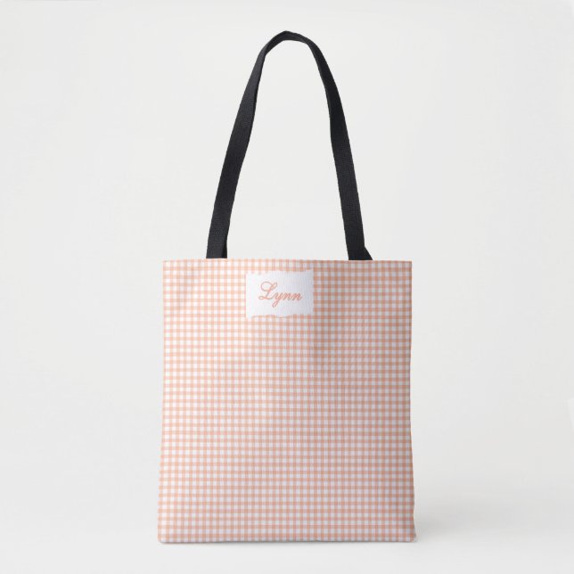 Tote Bag Orange et Gingham Blanc Classique | Nom Personnali (Devant)
