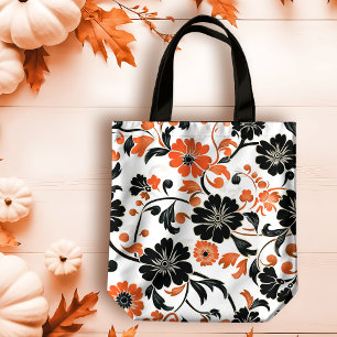 Tote Bag Orange et noir sur blanc automne floral