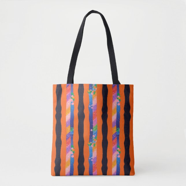 Tote Bag Orange Floral Wavy Stripe Pattern (Devant)