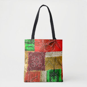 Tote Bag Orange Green Gold Patchwork Vintage Tissu Texture