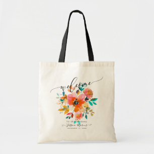 Tote Bag Orange Ombre+Fleurs Turquoises Aquarelles Bienvenu