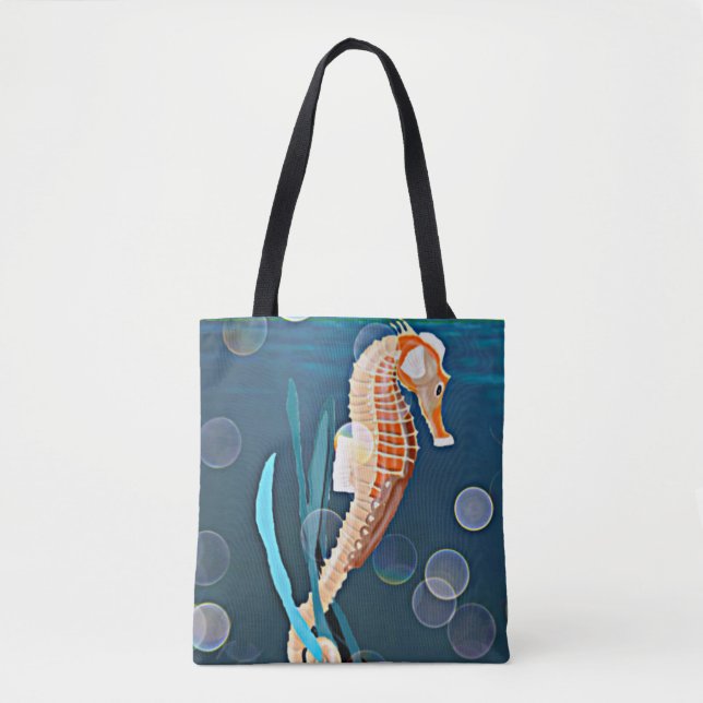 Tote Bag Orange Seahorse contre la mer avec des bulles (Devant)