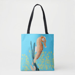 Tote Bag Orange Seahorse contre un arrière - plan turquoise