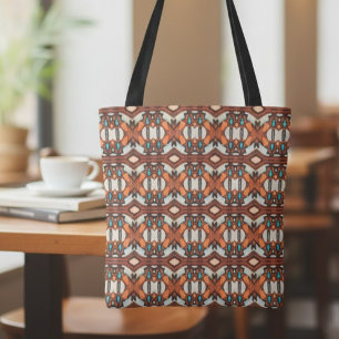 Tote Bag Orange, Turquoise, Inspiré Tribal Brown