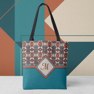 Tote Bag Orange, Turquoise, Marron Inspiré Tribal