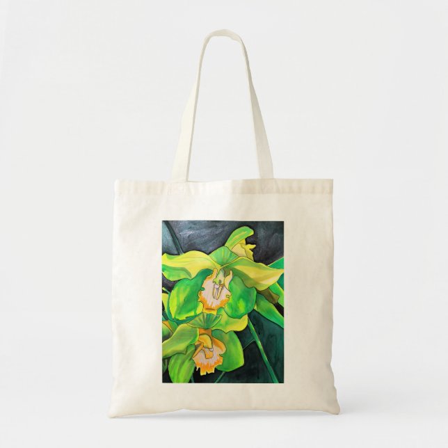 Tote Bag Orchidée fleurs vert et jaune art (Devant)