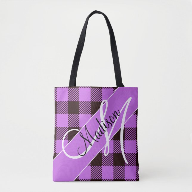 Tote Bag Orchidée Moderne Noir Carreau Tartan | Ajoutez Vot (Devant)