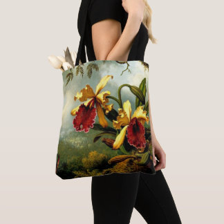 Tote Bag Orchidées et colibris, art botanique,
