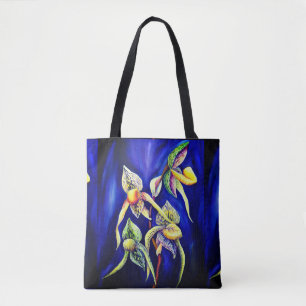 Tote Bag Orchidées exotiques tropicales bleues