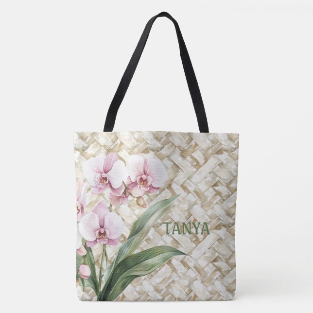 Tote Bag Orchidées sur motif tissé | Personnalisé (Devant)