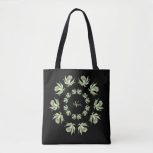 Tote Bag Orchidées vert clair sur l'épaule noire