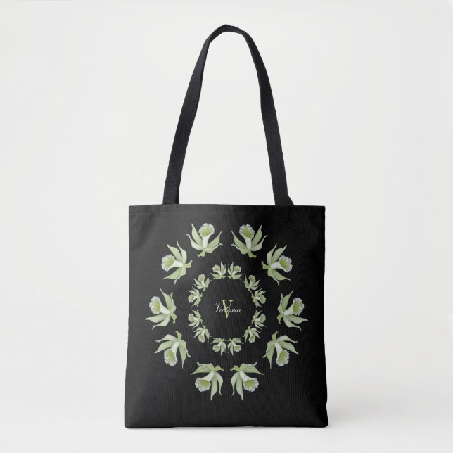 Tote Bag Orchidées vert clair sur l'épaule noire (Devant)