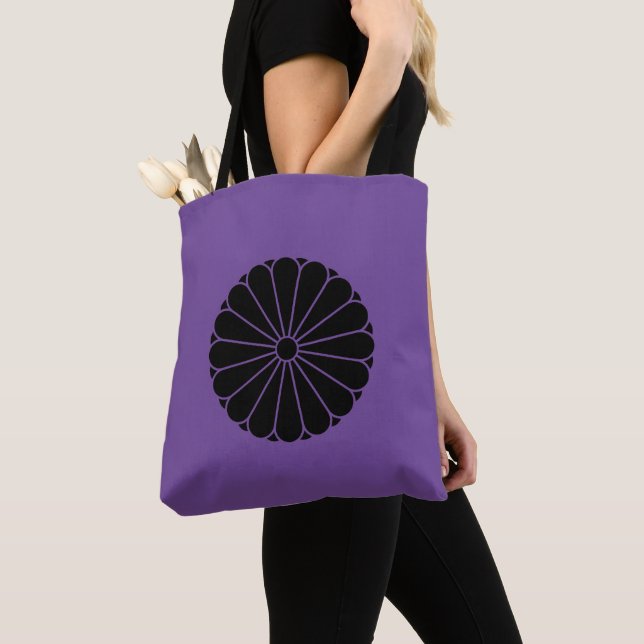 Tote Bag Oriental Noir Kiku Chrysanthemum Mon Kamon Art (De près)