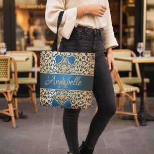 Tote Bag Orné Vintage brillant or et bleu bijou personnalis