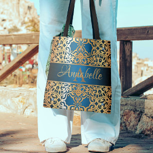Tote Bag Orné Vintage brillant or et bleu bijou personnalis