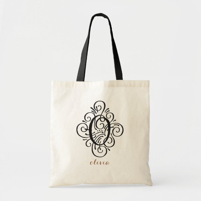 Tote Bag Ornement Monogramme Plein Initiale Personnalisé "O (Devant)
