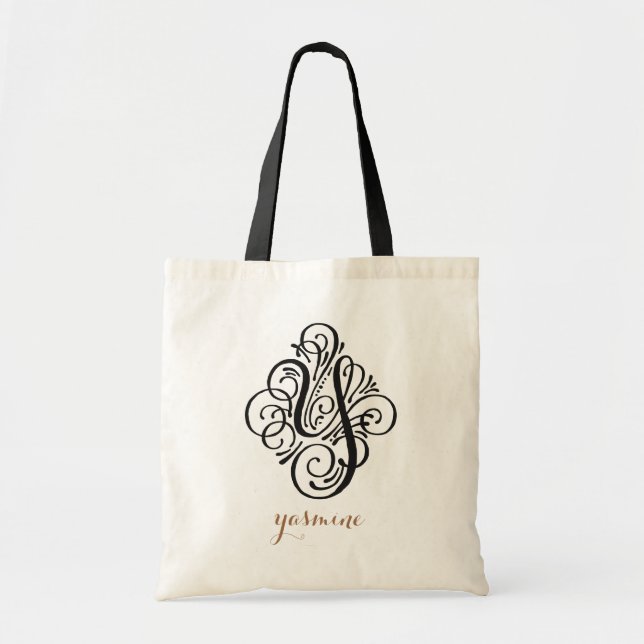 Tote Bag Ornement Monogramme Plein Initiale Personnalisé "Y (Devant)