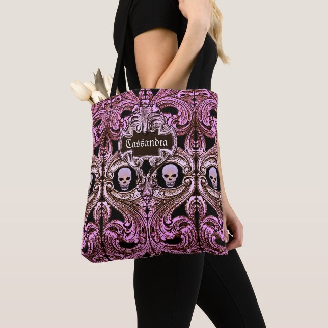 Tote Bag Ornement rose de Goth avec le crâne personnalisé (De près)