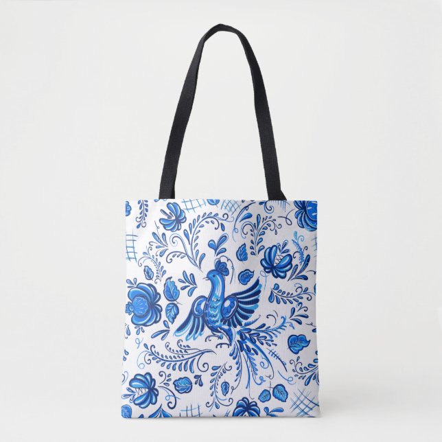 Tote Bag Ornement russe bleu et blanc  (Devant)