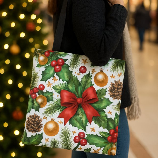 Tote Bag Ornements dorés à ruban rouge Noël  (Créateur téléchargé)