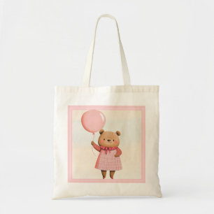 Tote Bag Ours à ballons roses avec tenue en plaid