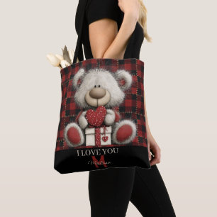 Tote Bag Ours à carreaux rouge Je t'aime Nom personnalisé M