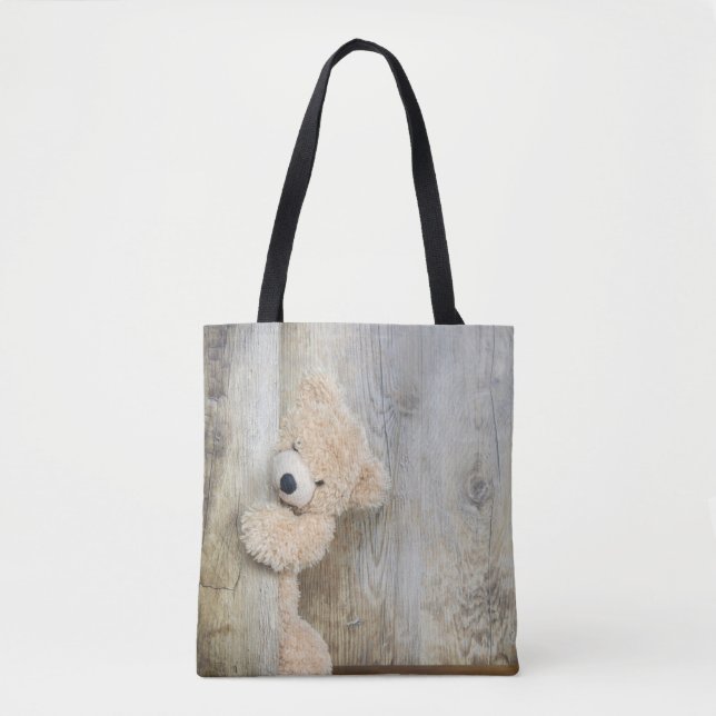 Tote Bag Ours Cute Stuffé Mur Rustique En Bois (Devant)