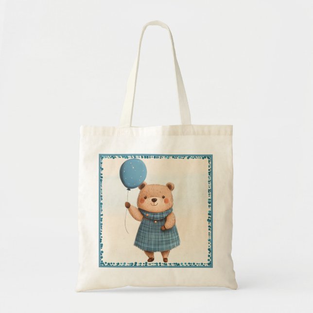 Tote Bag Ours de fille avec robe bleue plaid et ballon (Devant)