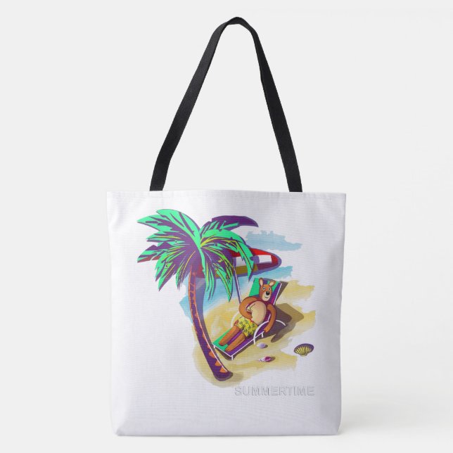 Tote Bag Ours d'été relaxant sur la plage tropicale (Devant)