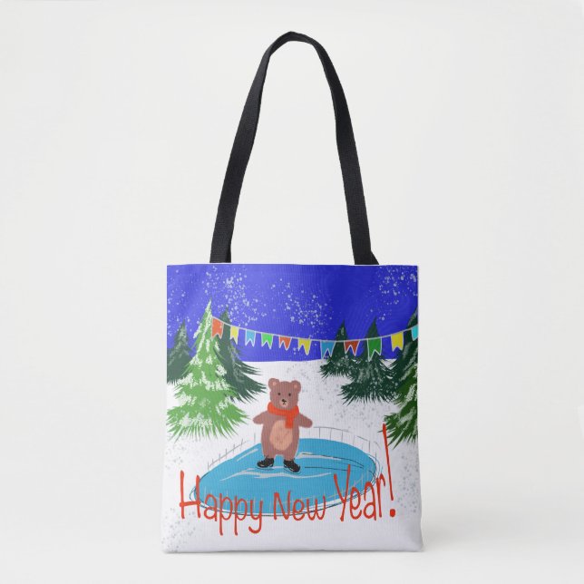 Tote Bag Ours drôle sur les patins d'hiver (Devant)
