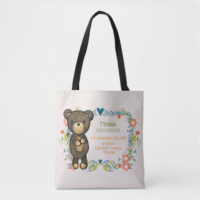 Tote Bag Ours en peluche avec motifs floraux naissance bébé (Devant)