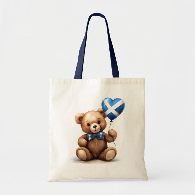 Tote Bag ours en peluche & ballon avec drapeau écossais. (Devant)