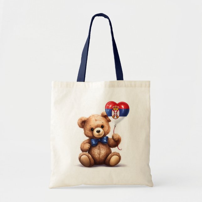 Tote Bag ours en peluche & ballon avec drapeau serbe. (Devant)