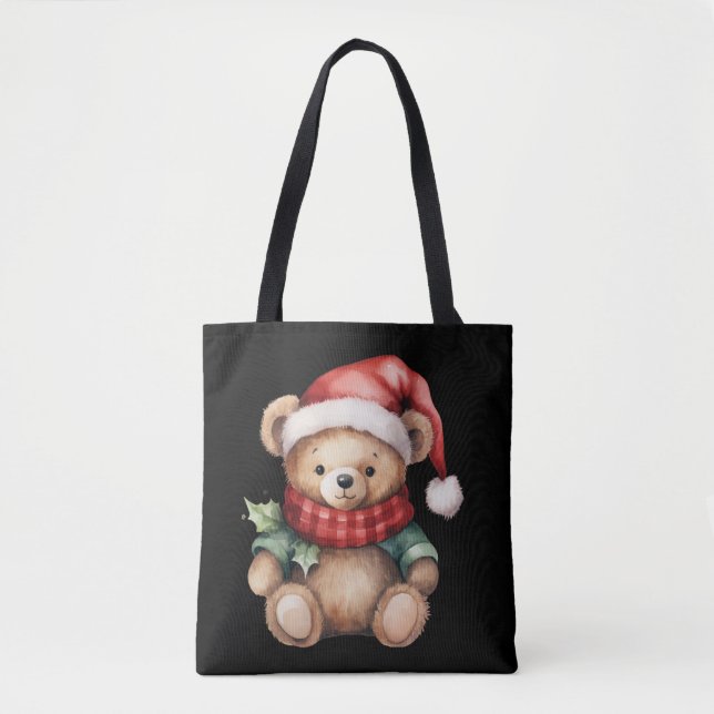 Tote Bag Ours en peluche de Noël à l'aquarelle (Devant)