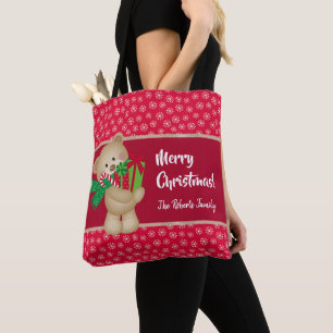 Tote Bag Ours en peluche de Noël avec cadeau et flocons de