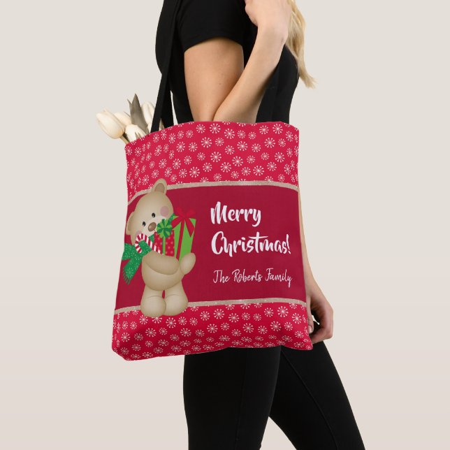 Tote Bag Ours en peluche de Noël avec cadeau et flocons de  (De près)